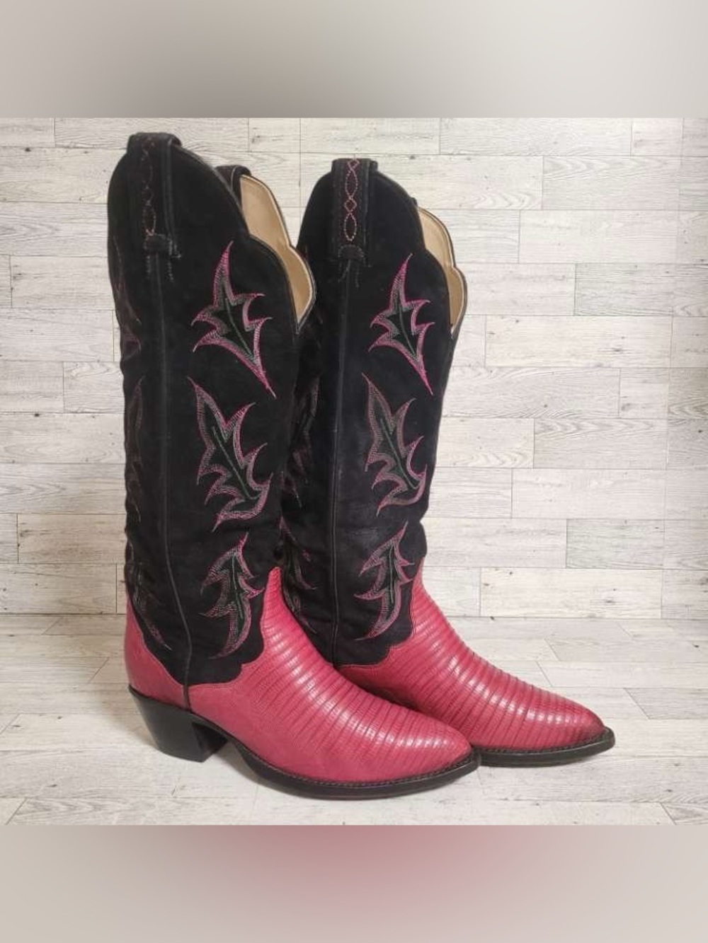 Tony Lama Pink Lizard Black Suede Leather Exotic Tall Cowboy Boots Women’s 6